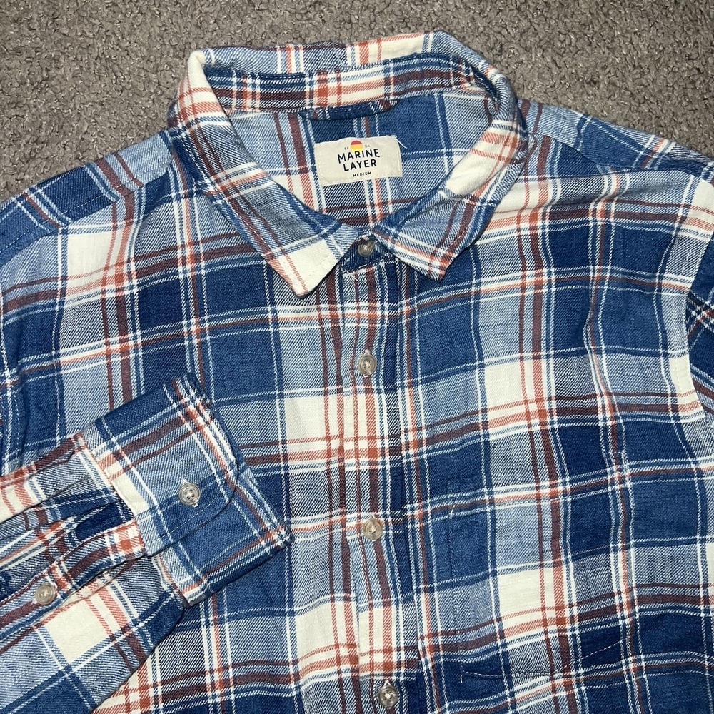 Marine Layer Men's Classic Selvage Shirt Blue Plaid Long Sleeve Button Up Down M